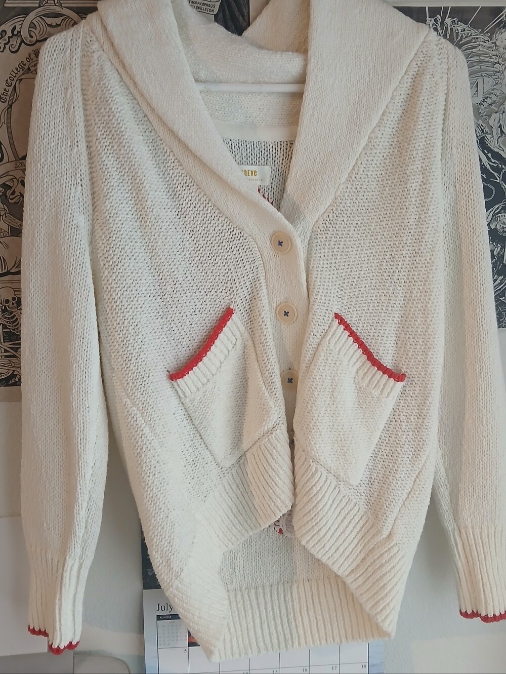 Meave Anthropologie Cream Shawl Collar Button-Front Cardigan With Lobstet Back